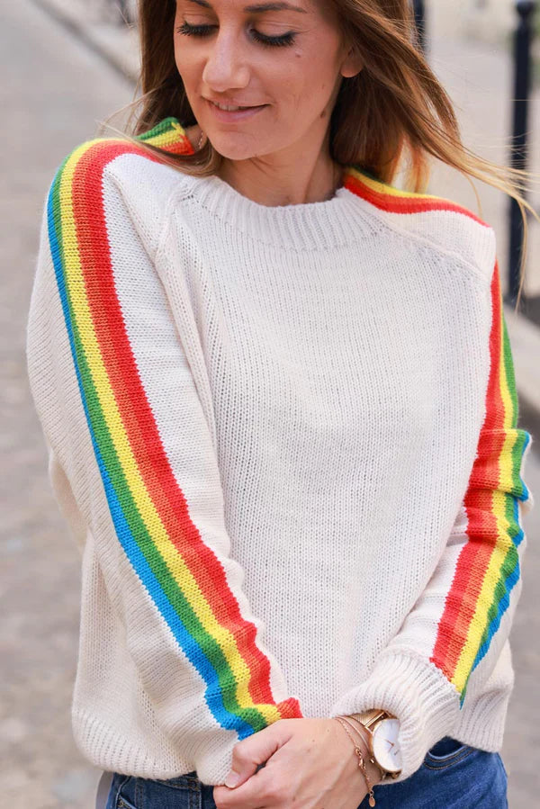 Ecru knit sweater with retro seventies vibe, rainbow sleeves