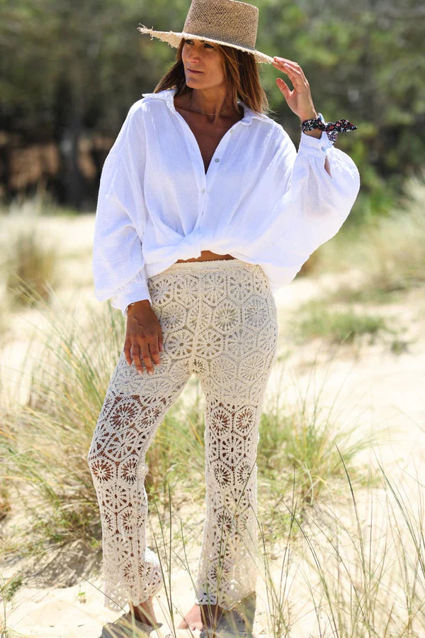 Cream Open Crochet Flared Pants