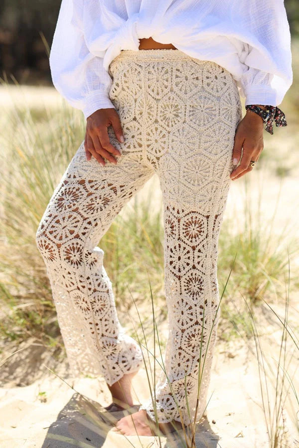 Cream Open Crochet Flared Pants