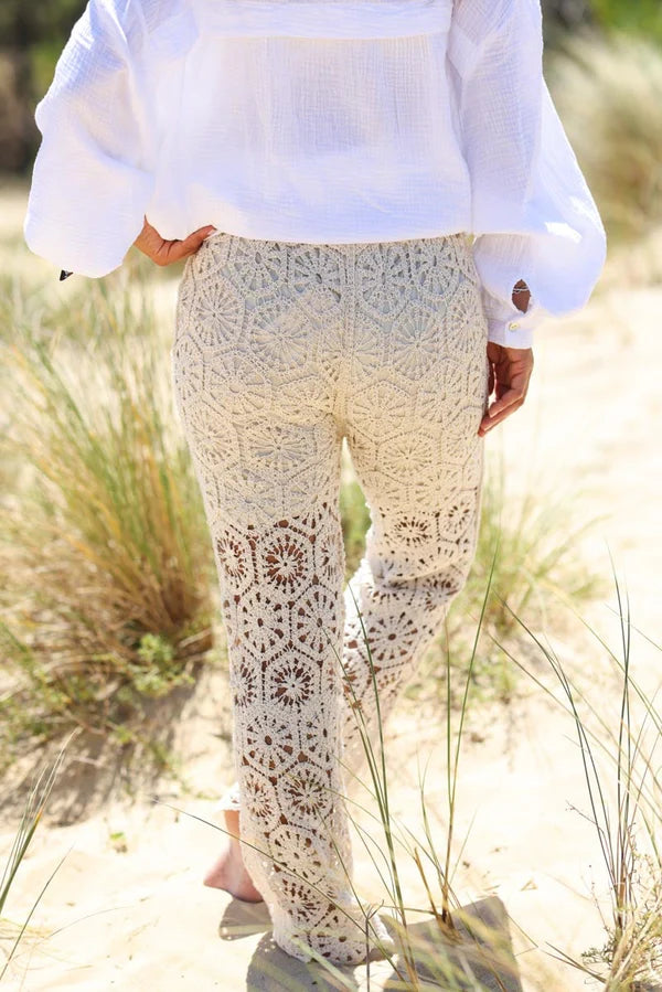 Cream Open Crochet Flared Pants