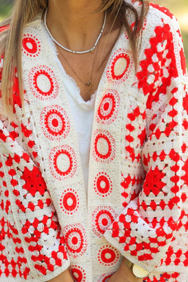 Ecru and red crochet cardigan with peruvian pattern