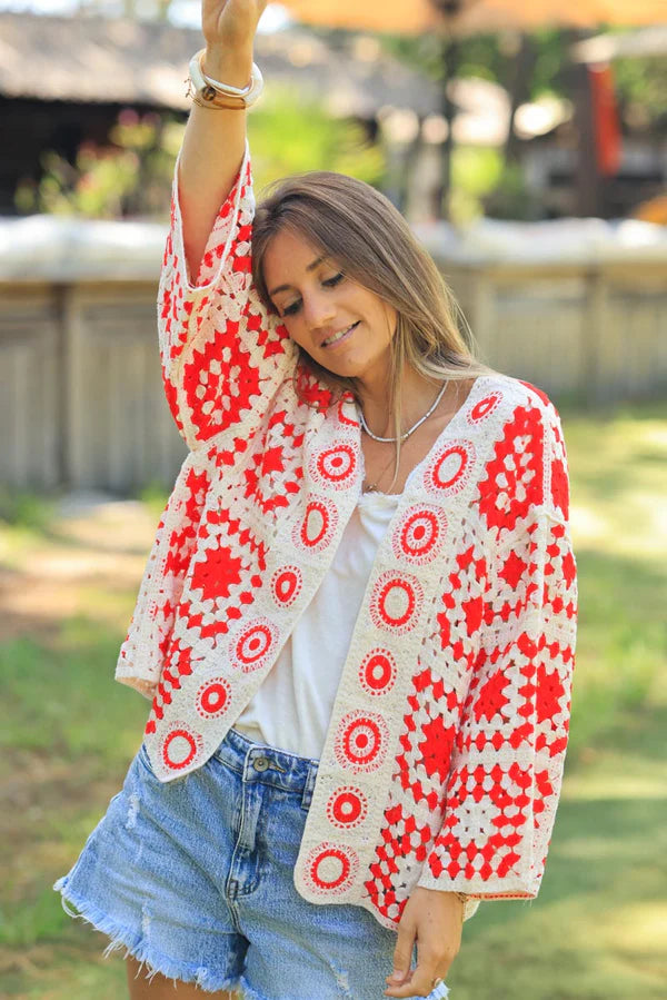 Ecru and red crochet cardigan with peruvian pattern