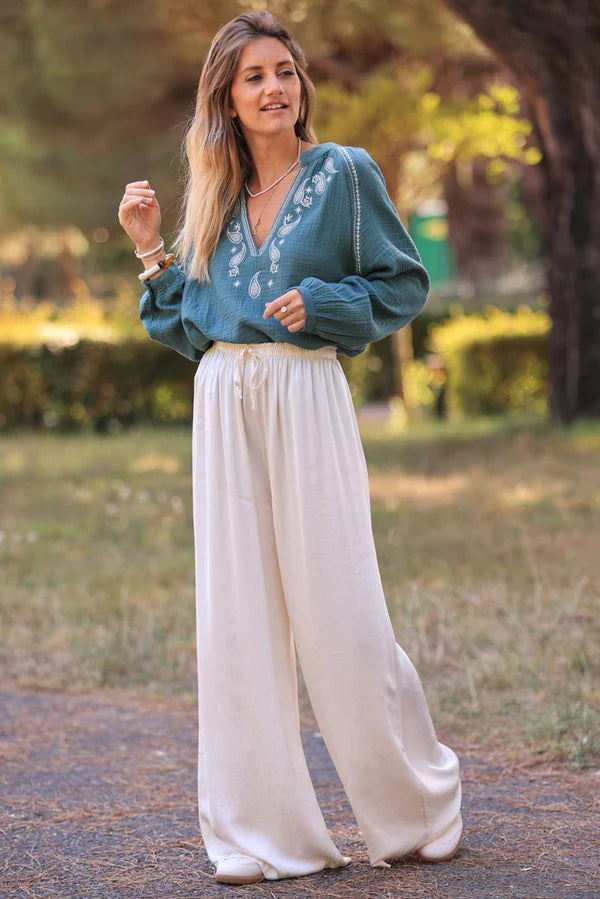 Cream Silky Wide Leg Floaty Pants