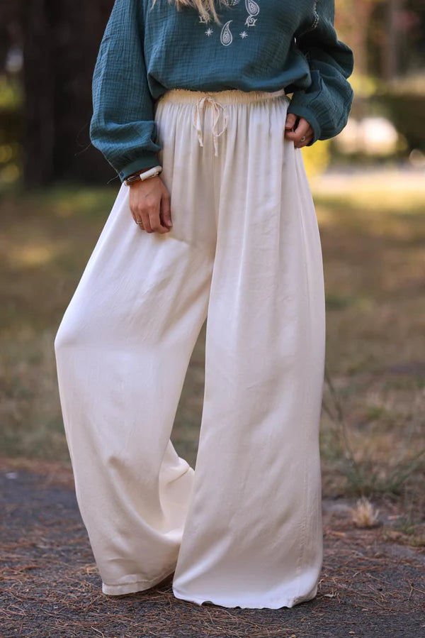 Cream Silky Wide Leg Floaty Pants