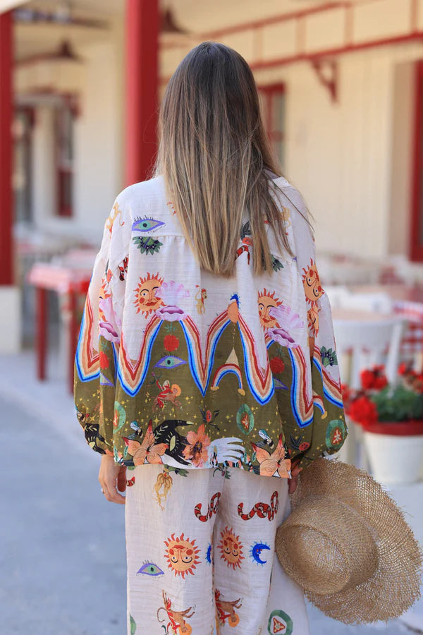 Olive and Cream Tunic with Colorful Zodiac Symbols and Buttons