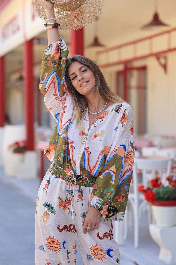 Olive and Cream Tunic with Colorful Zodiac Symbols and Buttons