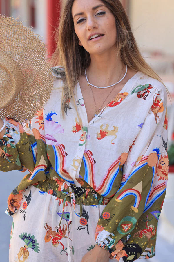 Olive and Cream Tunic with Colorful Zodiac Symbols and Buttons