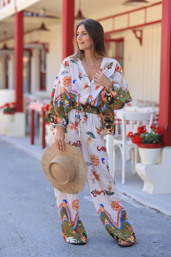 Olive and Cream Tunic with Colorful Zodiac Symbols and Buttons