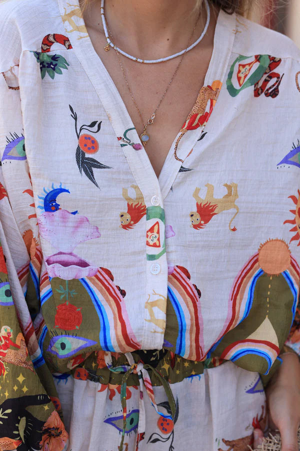 Olive and Cream Tunic with Colorful Zodiac Symbols and Buttons