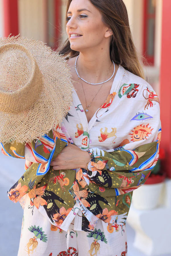 Olive and Cream Tunic with Colorful Zodiac Symbols and Buttons