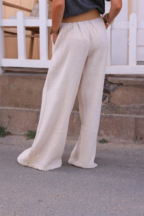 Cream Wide Leg Textured Crinkle Cotton Gauze Pants