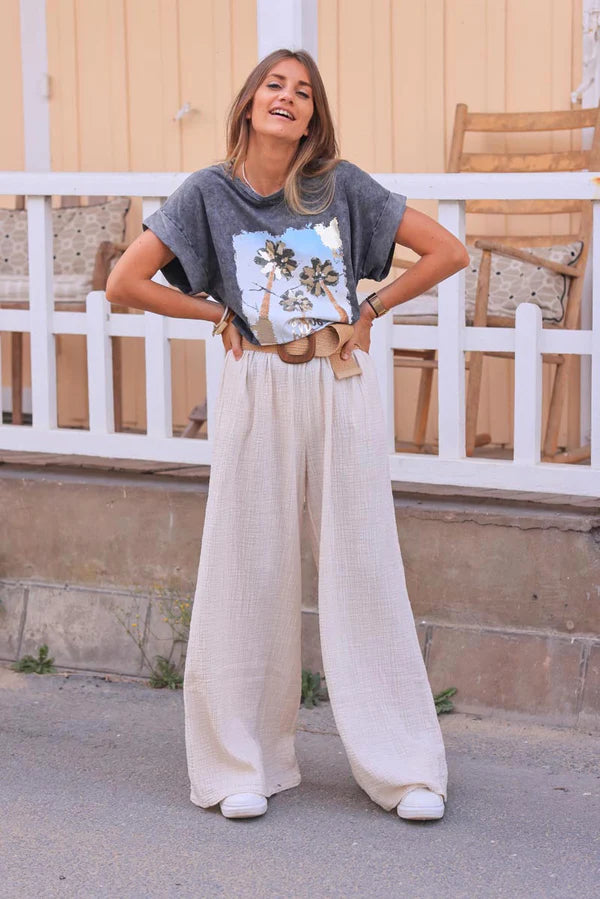 Cream Wide Leg Textured Crinkle Cotton Gauze Pants