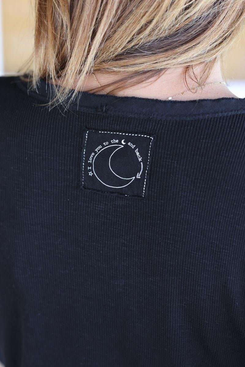 Faded black ribbed tank top ‘ILY to the moon and back’