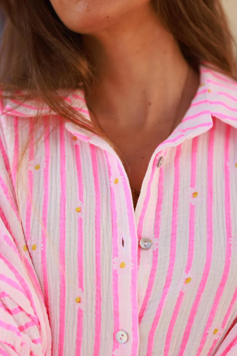 Flash Pink Daisy Stripe Button Down Blouse