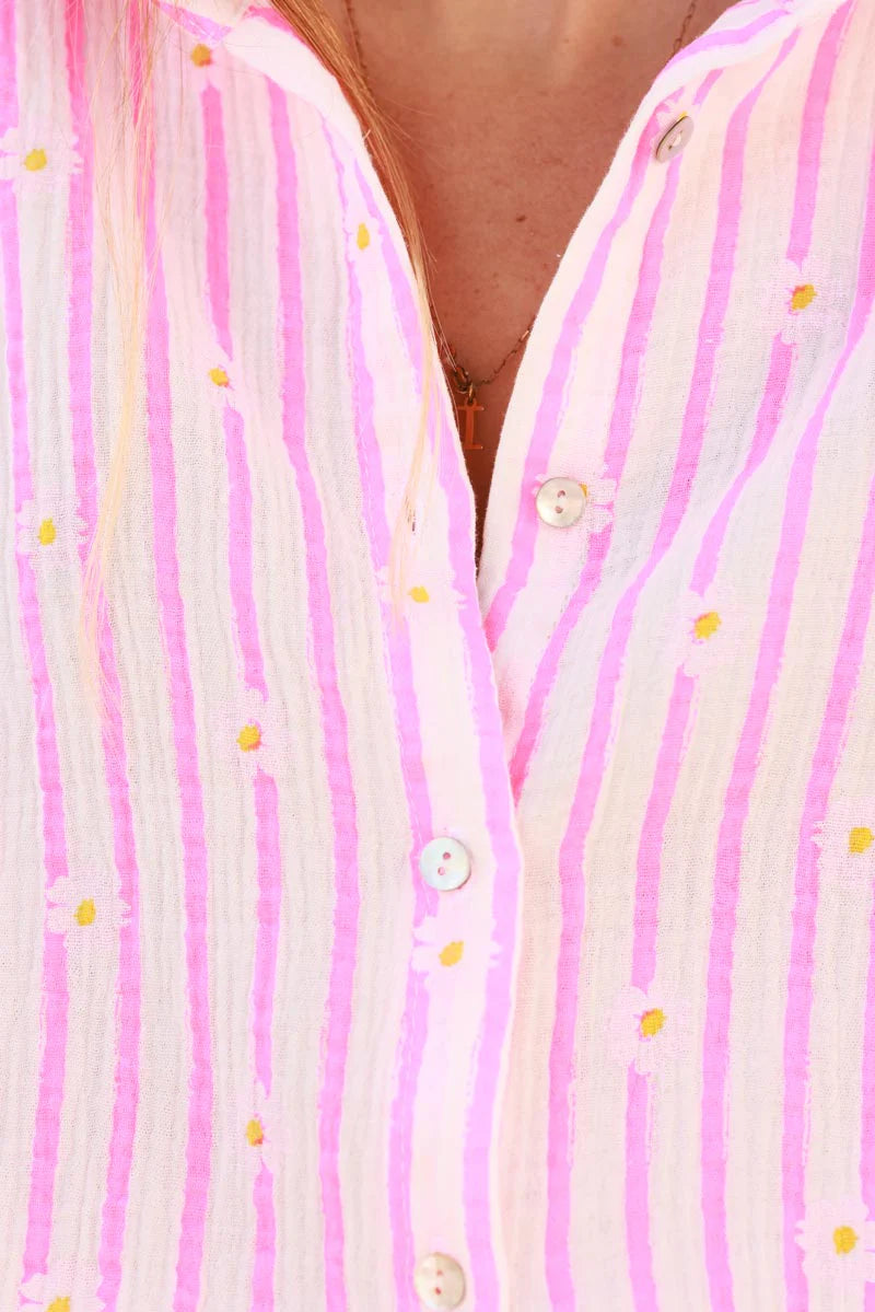 Flash Pink Daisy Stripe Button Down Blouse