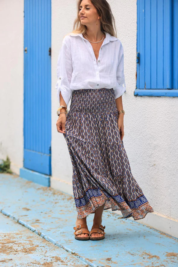 Floaty maxi skirt with blue oval ethnic print