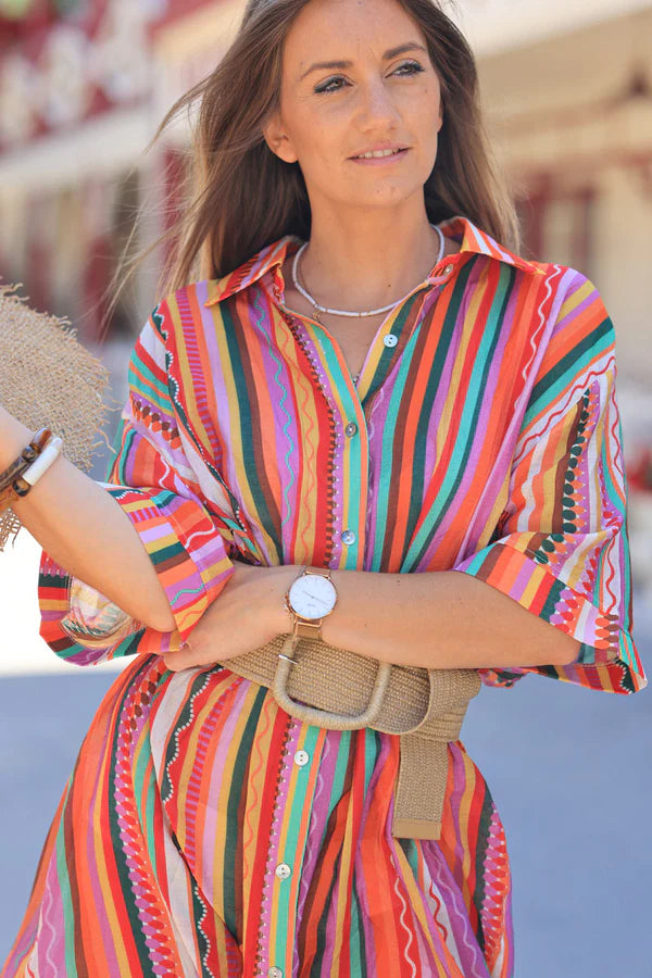 Floaty shirt dress with orange and purple stripes