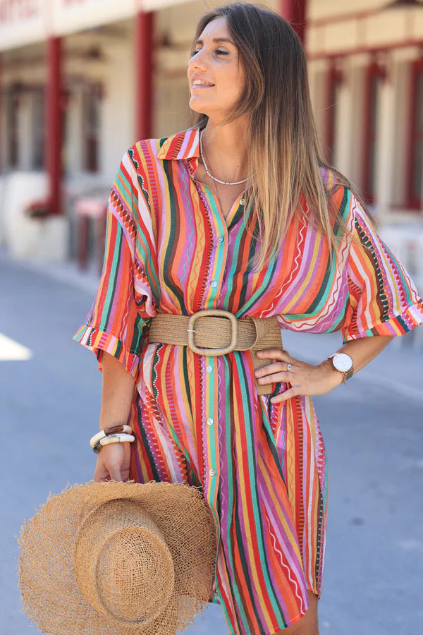 Floaty shirt dress with orange and purple stripes