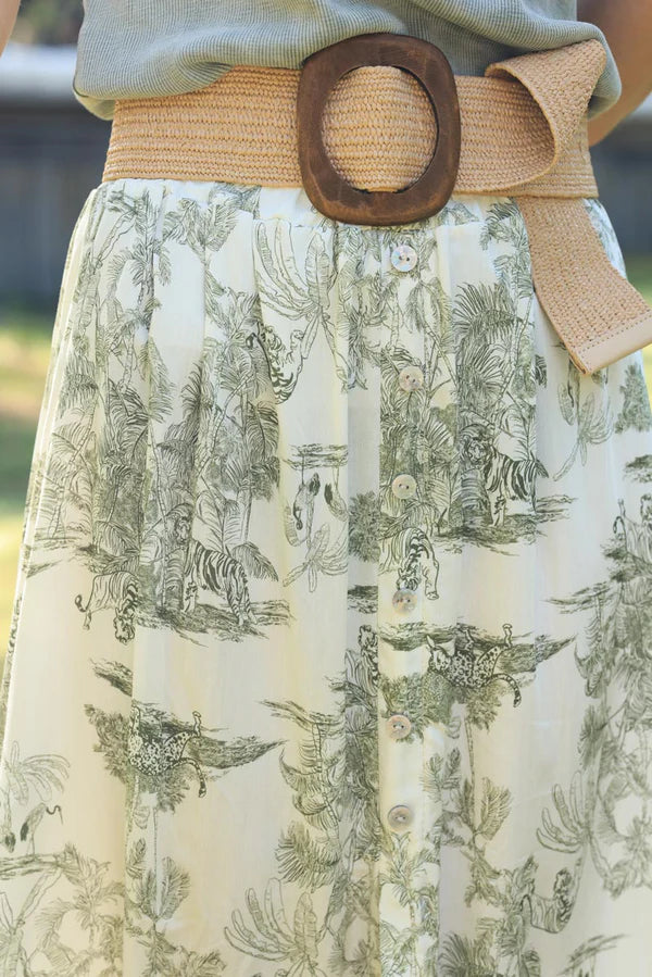 Floaty skirt with front slit and khaki toile de jouy print