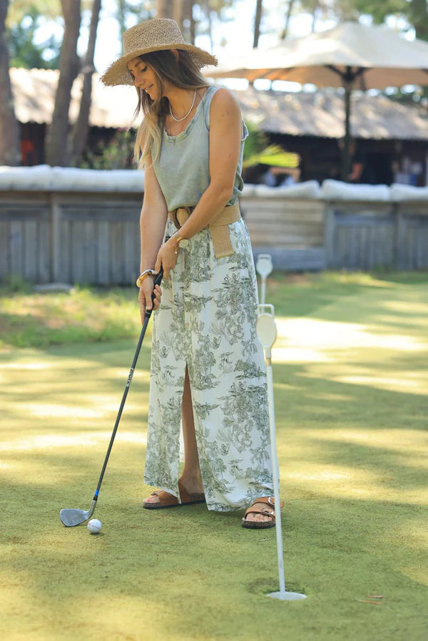 Floaty skirt with front slit and khaki toile de jouy print