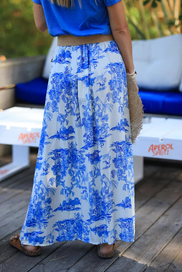 Floaty skirt with front slit and royal blue toile de jouy print