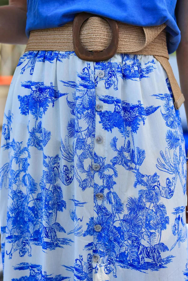 Floaty skirt with front slit and royal blue toile de jouy print