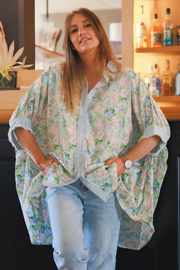 Floral and Denim Slouchy Cotton Button-Down Shirt