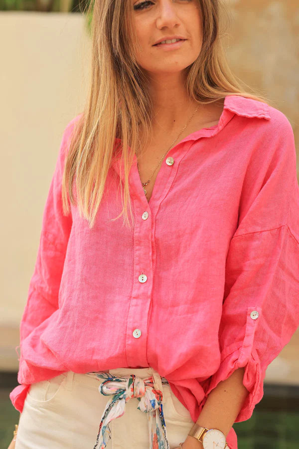 Fuchsia 3/4 length sleeve longline linen shirt