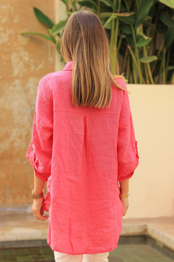 Fuchsia 3/4 length sleeve longline linen shirt