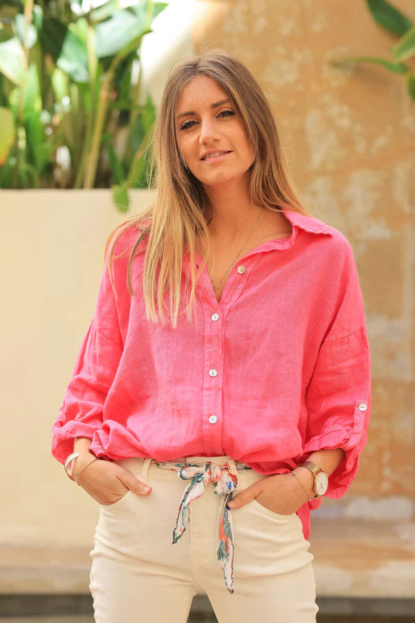 Fuchsia 3/4 length sleeve longline linen shirt