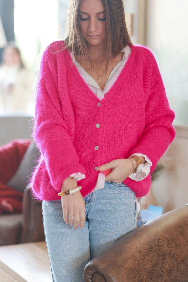 Hot Pink Knitted Button Through Cardigan