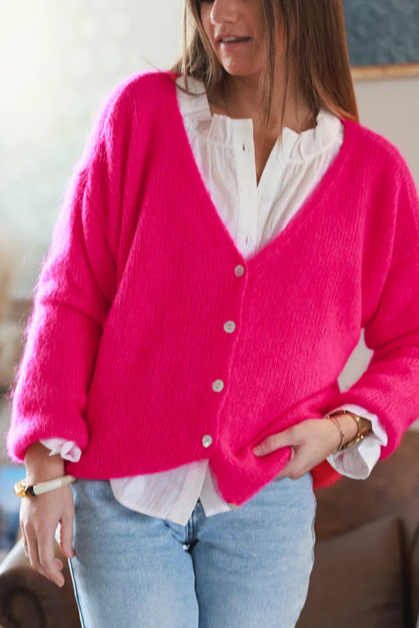 Hot Pink Knitted Button Through Cardigan