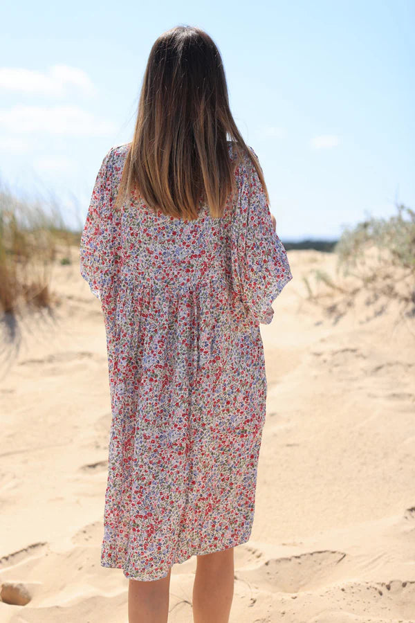 Fuchsia liberty print flowing smock dress Jeanne