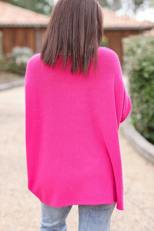 Fuchsia oversized super soft sweater with silver rhinestone star