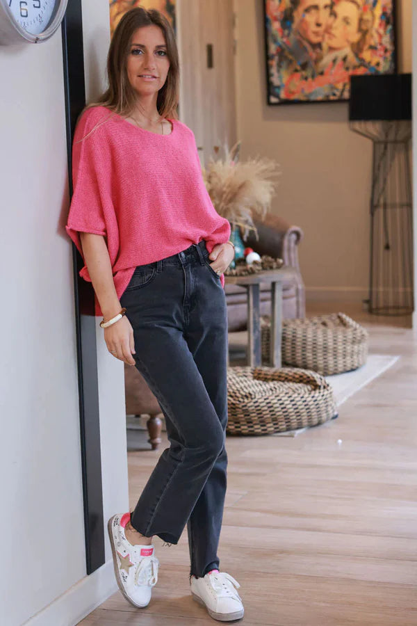 Fuchsia Pink Wool Blend Cropped Sweater