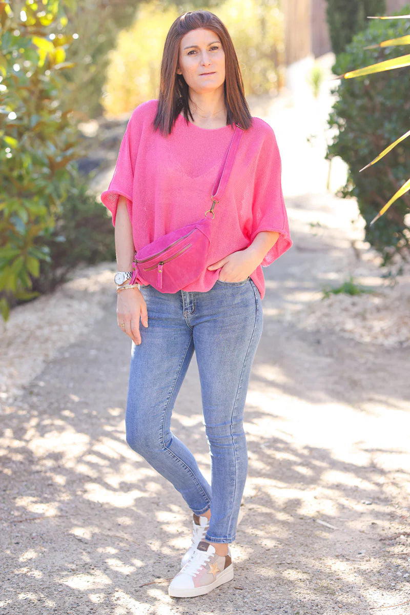 Fuchsia suede leather shoulder bag with double zipped pockets