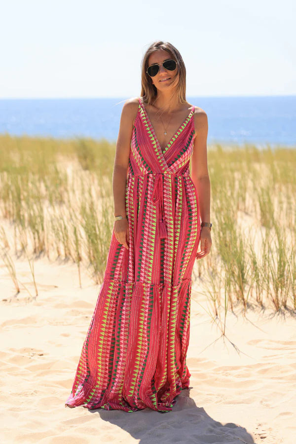 Fuchsia V-neck strappy maxi dress with ethnic style threading