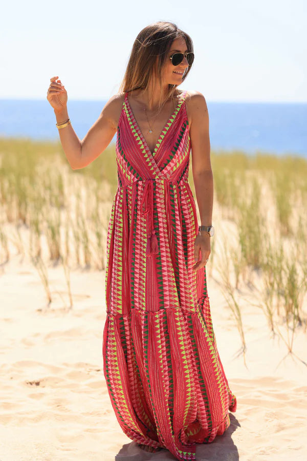 Fuchsia V-neck strappy maxi dress with ethnic style threading