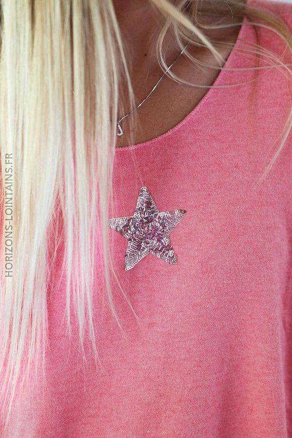 Fuchsia V-neck Sweater with small Sequin Star