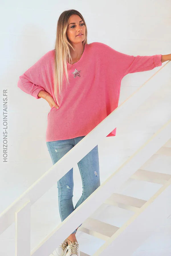 Fuchsia V-neck Sweater with small Sequin Star