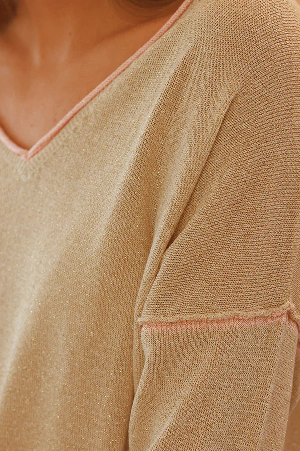 Gold V-Neck Inverted Seam Knit Top