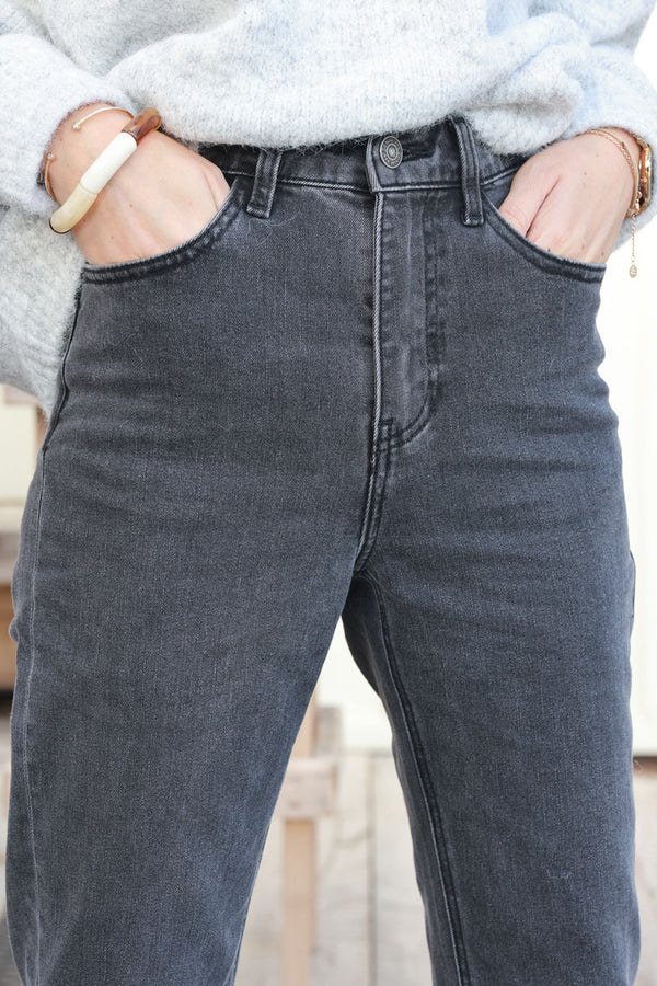 Gray Medium Wash Cropped Jeans with Fringe Cuff