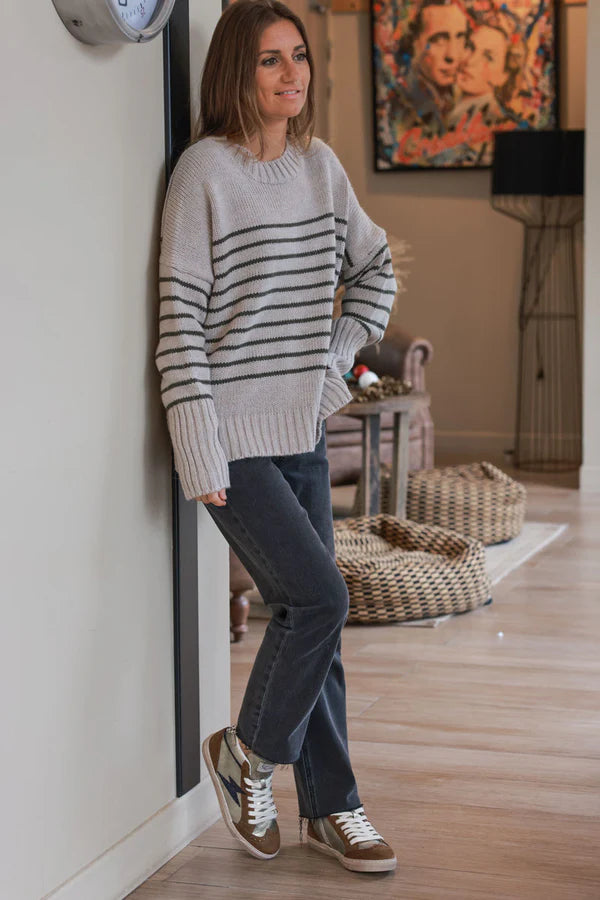 Gray Stripe Wool Blend Sweater