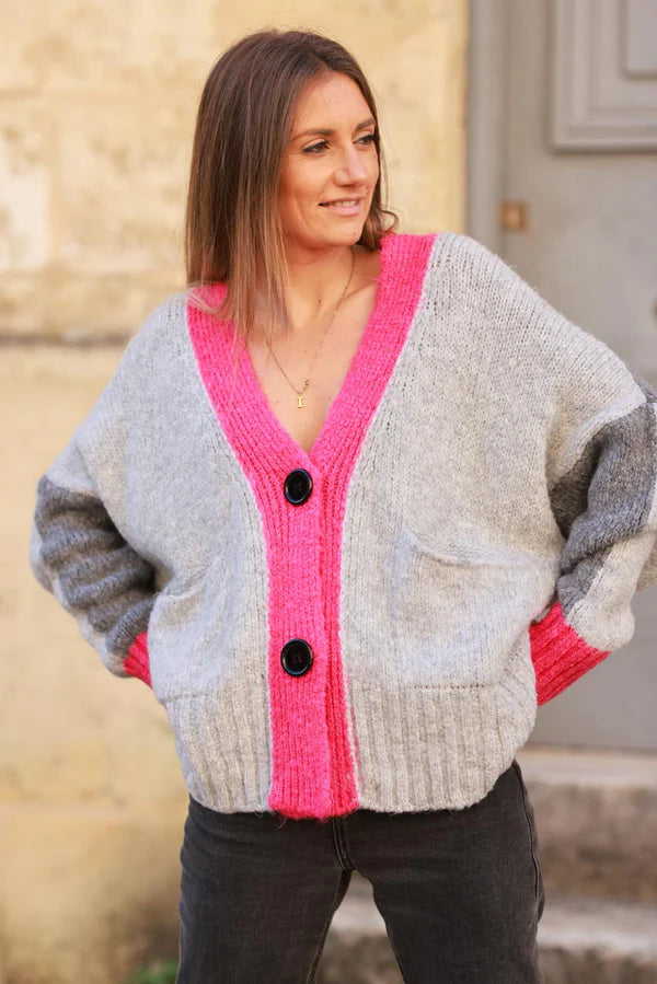 Gray Sweater Knit Cardigan with Fuchsia Trim