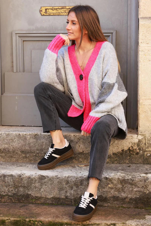 Gray Sweater Knit Cardigan with Fuchsia Trim