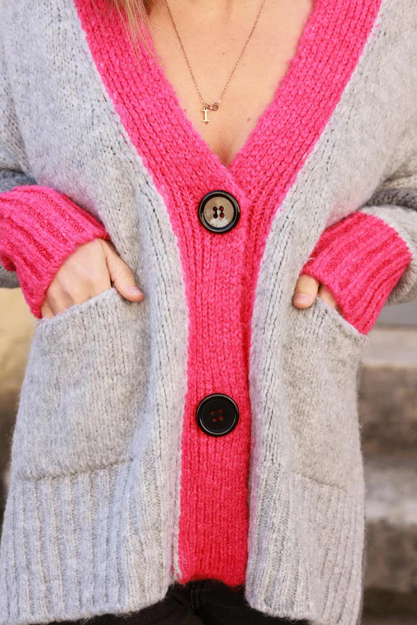 Gray Sweater Knit Cardigan with Fuchsia Trim