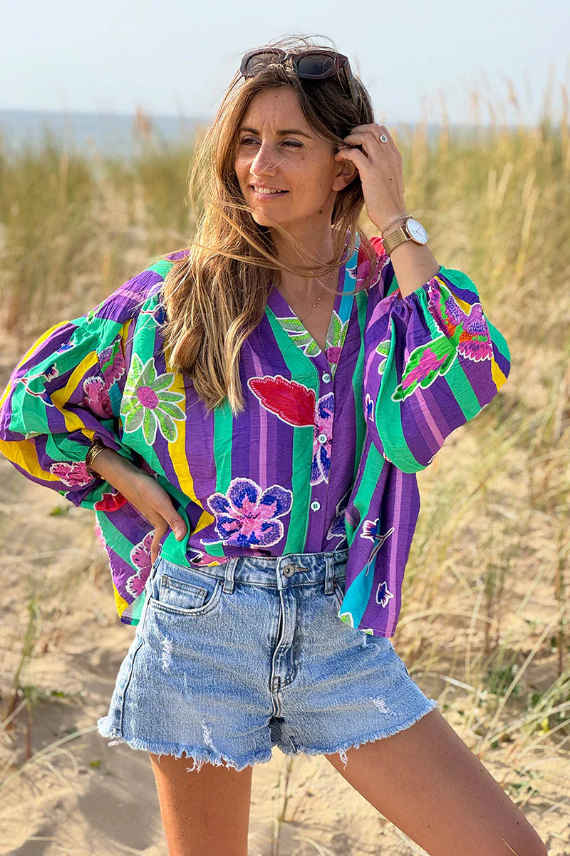 Green Floral Stripe Boho Art Blouse