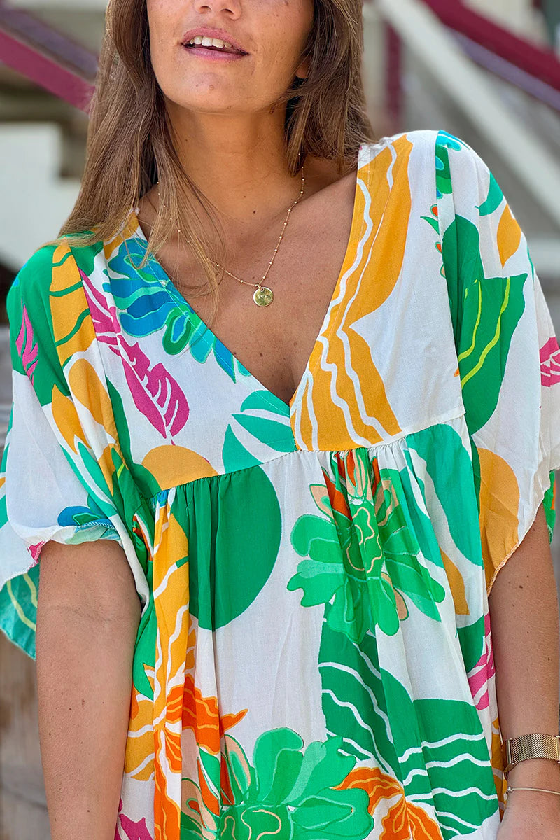 Green Tropical Foliage Caftan