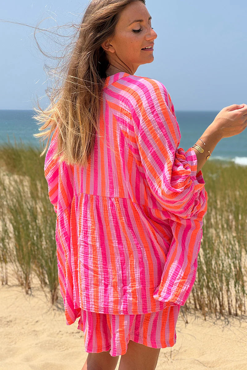 Hot pink and orange striped cotton gauze shirt