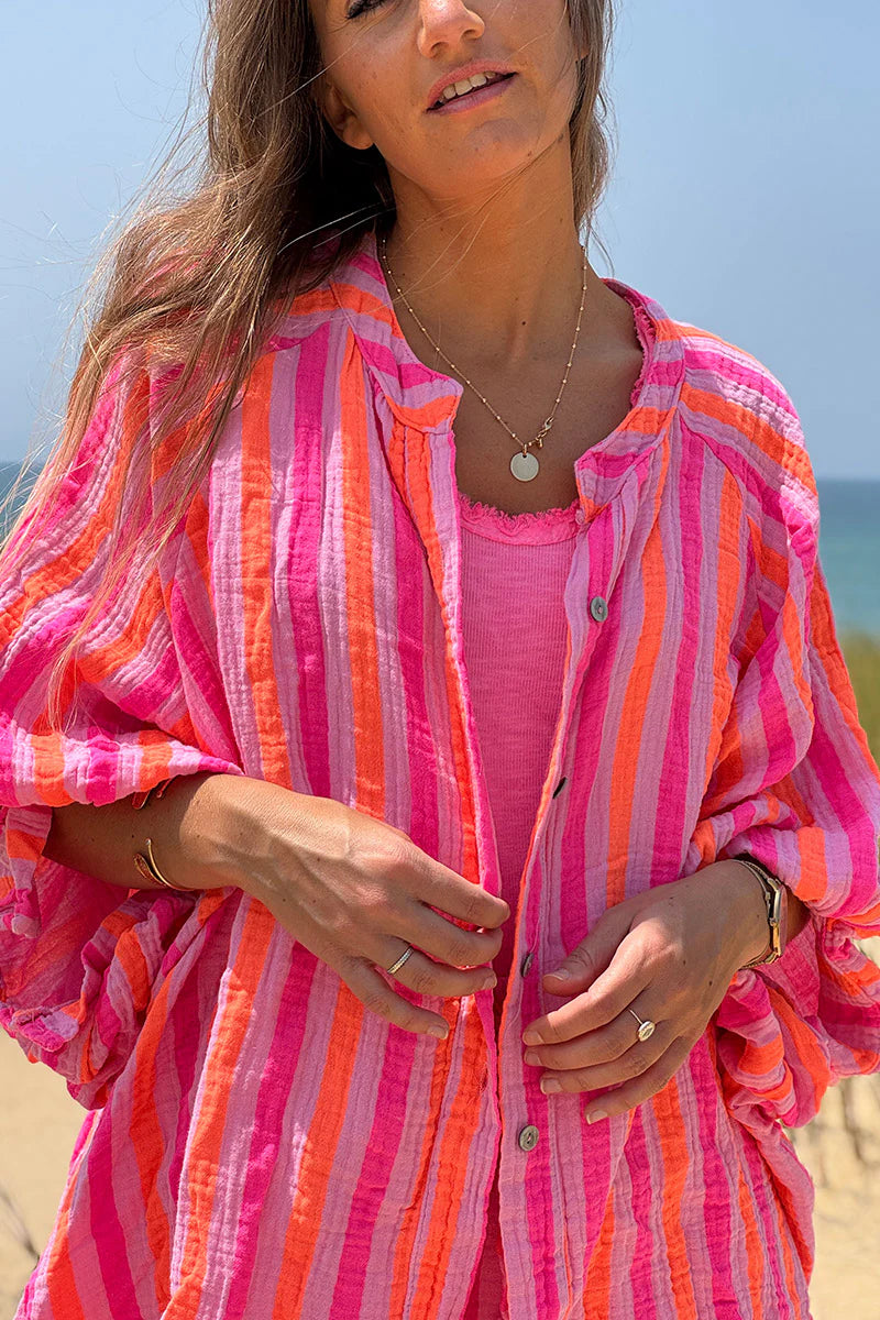 Hot pink and orange striped cotton gauze shirt